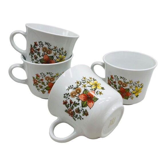 VTG Corelle Corning Ware Indian Summer Cups Mugs Orange Yellow Flowers Set of 4 - Picture 1 of 7